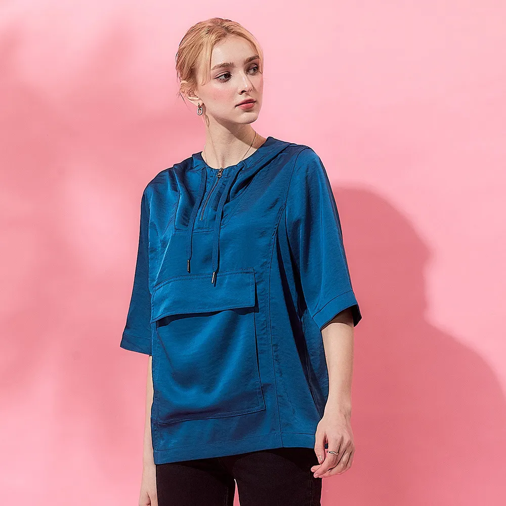 【ICHE 衣哲】Cop.Copine法式連帽附大口袋五分袖上衣