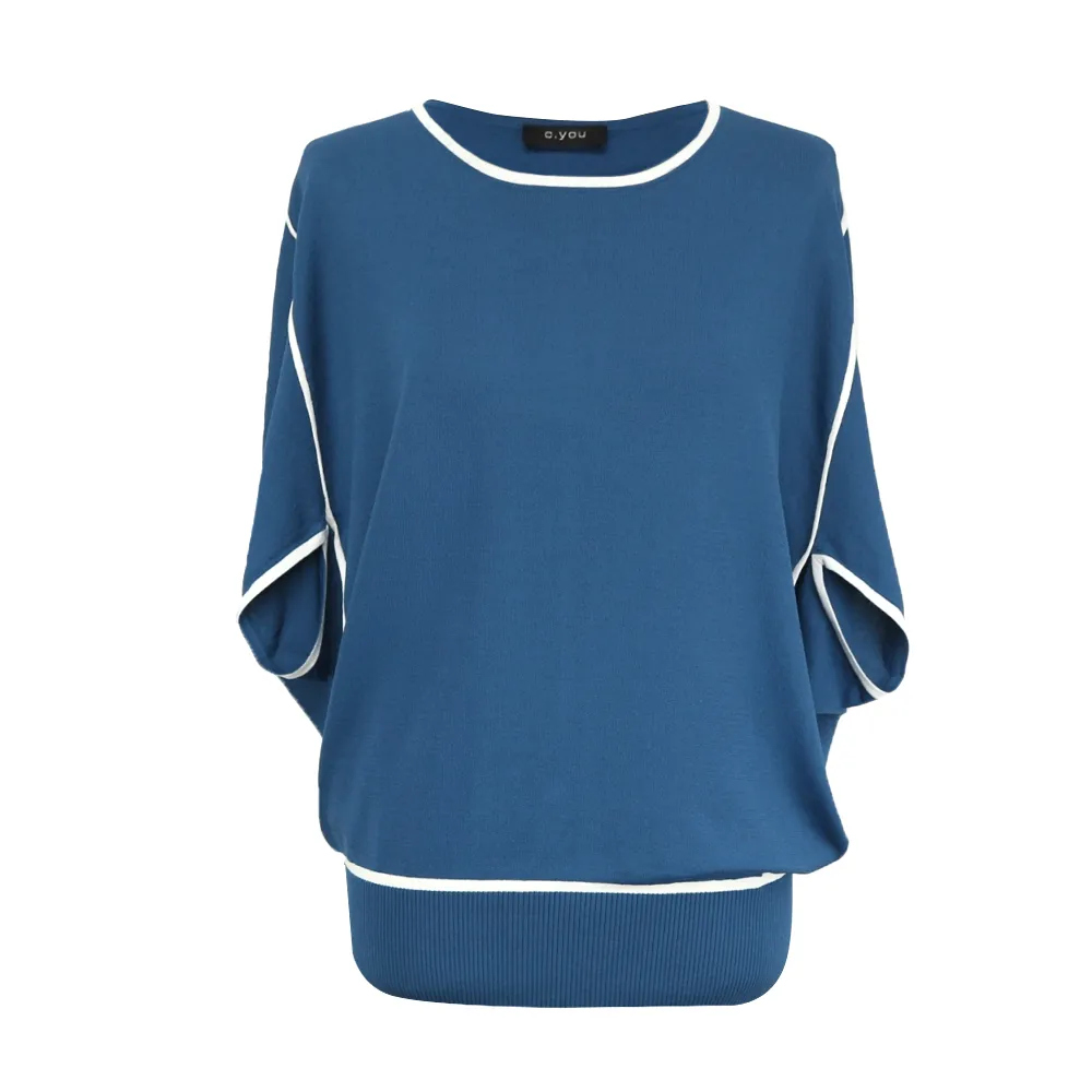 【ICHE 衣哲】Cop.Copine 法國原裝進口撞色彈性羅紋針織造型上衣-藍