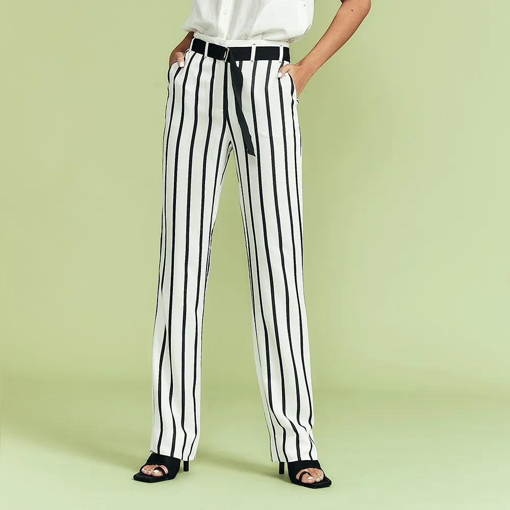 【ICHE 衣哲】Cop.Copine法式簡約風條紋顯瘦直筒造型長褲