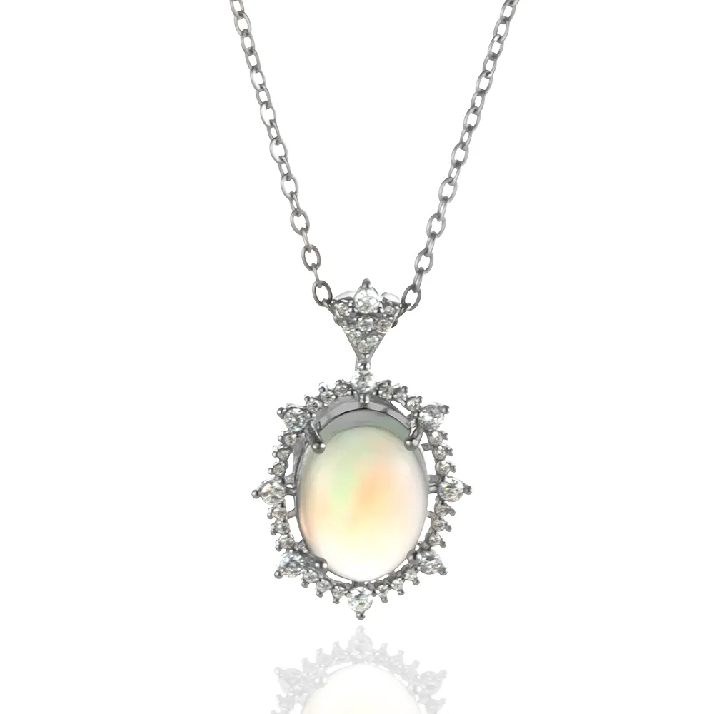 【Woogie武吉珠寶】精品蛋白石蛋面爪鑲純銀項鍊(遊彩10x14mm)