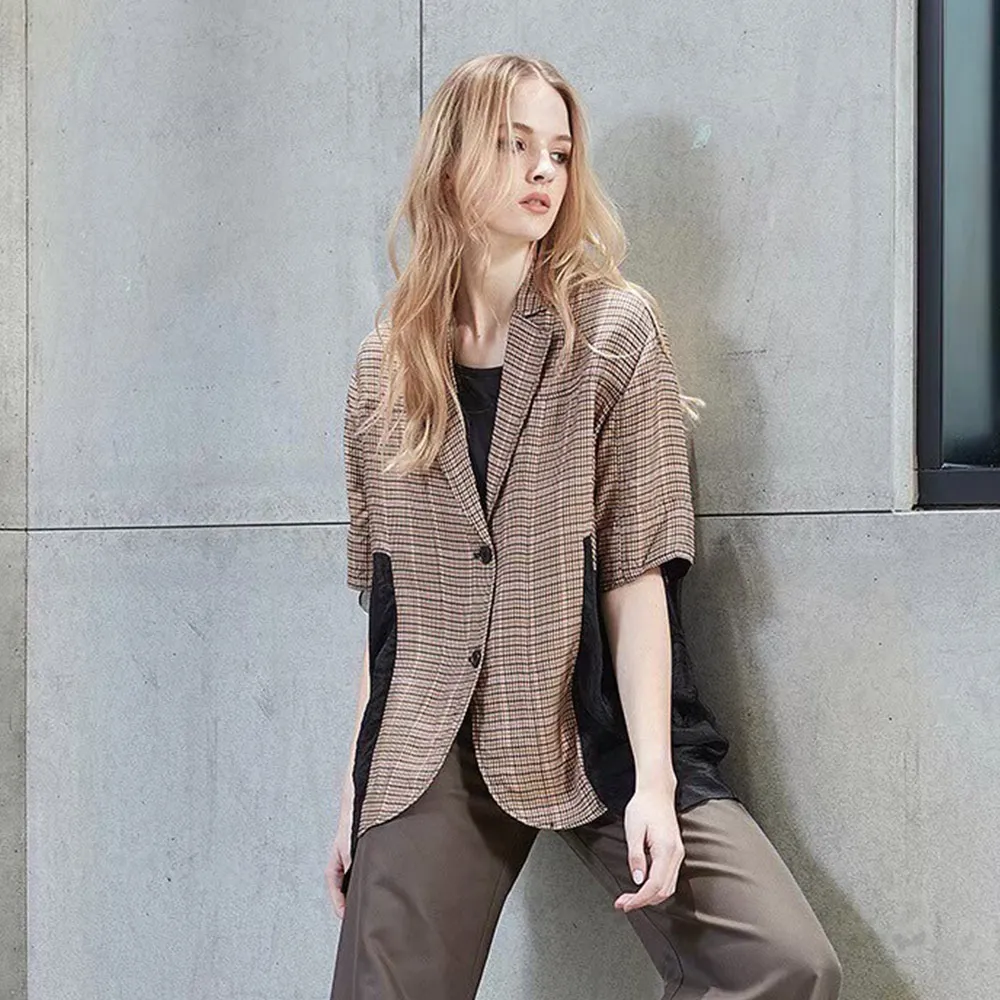 【ICHE 衣哲】Cop.Copine 法國原裝進口棕色格紋拼接西裝外套