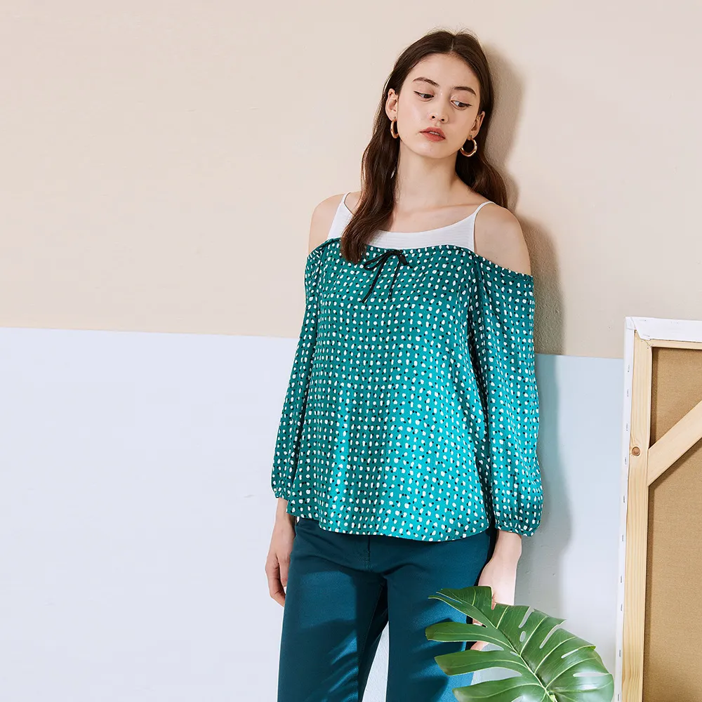 【ICHE 衣哲】Cop.Copine 法國原裝進口假兩件波點印花造型上衣-潮水藍綠