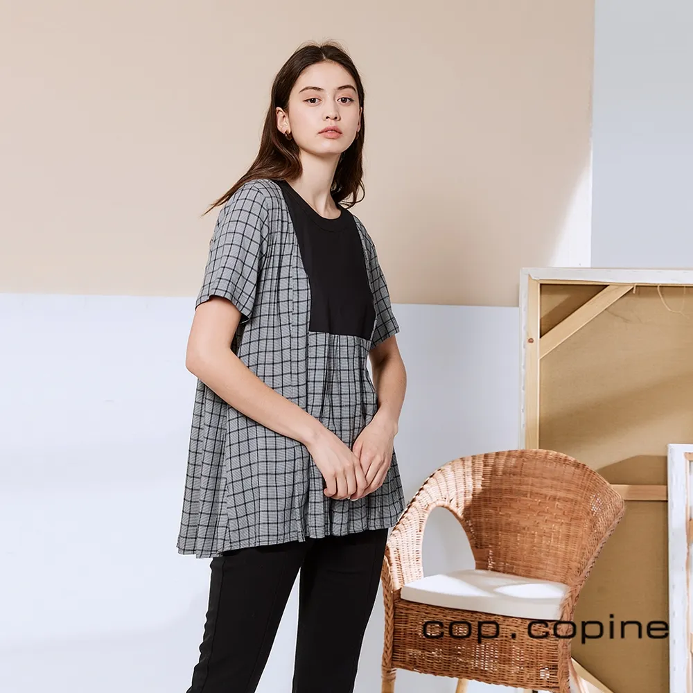 【ICHE 衣哲】Cop.Copine 法國原裝進口格紋印花拼接造型上衣-高級灰