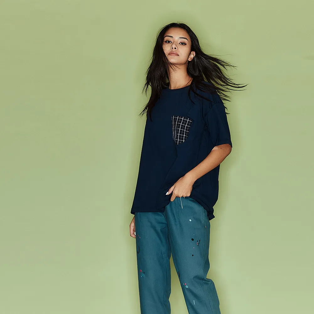 【ICHE 衣哲】Cop.Copine法式設計格紋印花拼接五分袖造型上衣-S