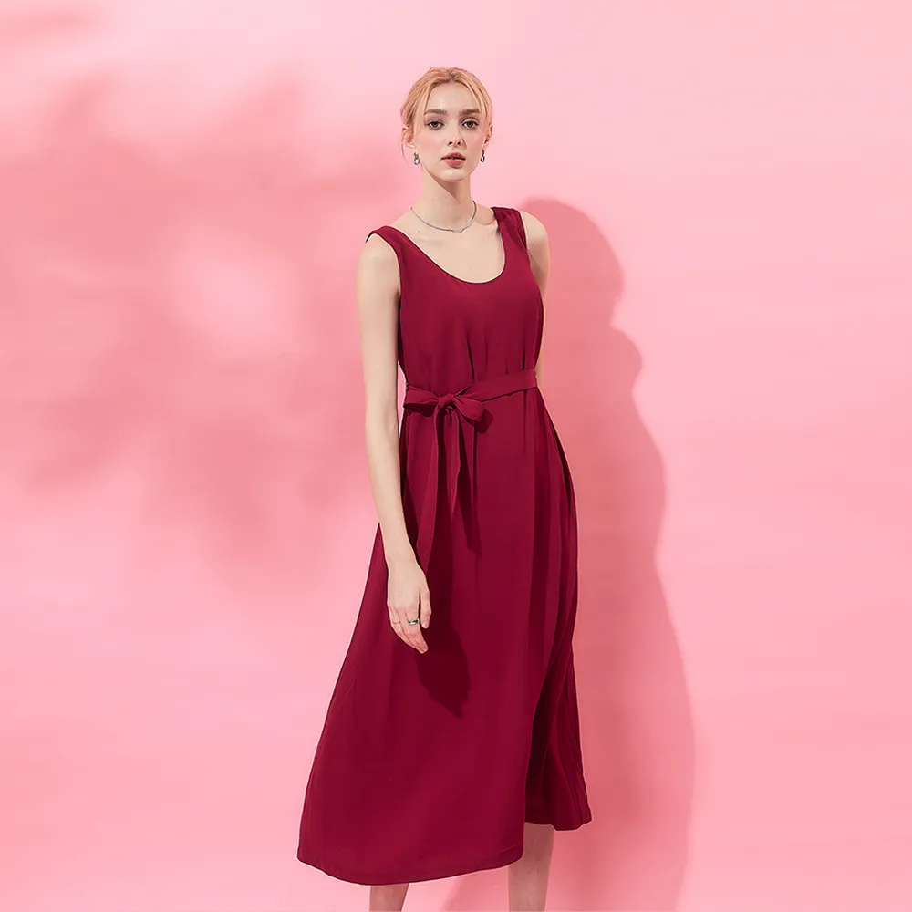 【ICHE 衣哲】Cop.Copine 法國原裝進口簡約輕禮服顯白潤紅綁帶紅洋裝