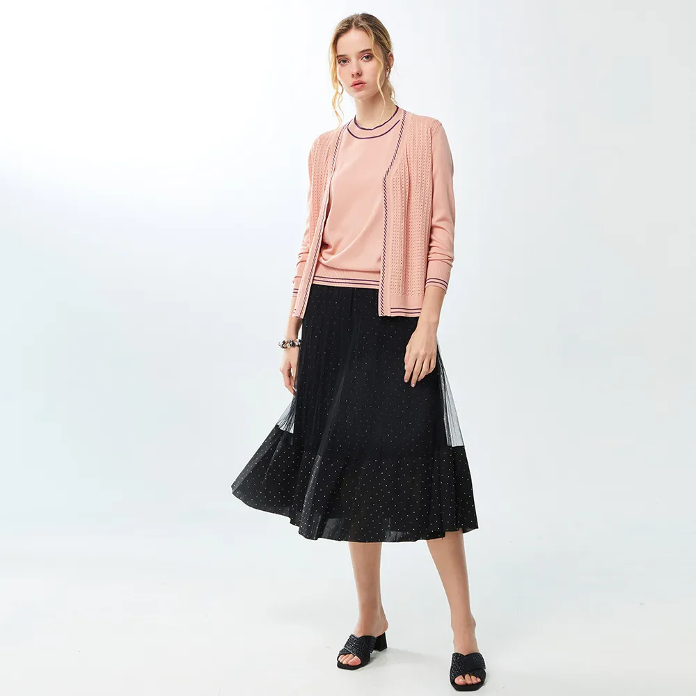【MON’S】繁星燙鑽拼接網紗百摺裙(直)