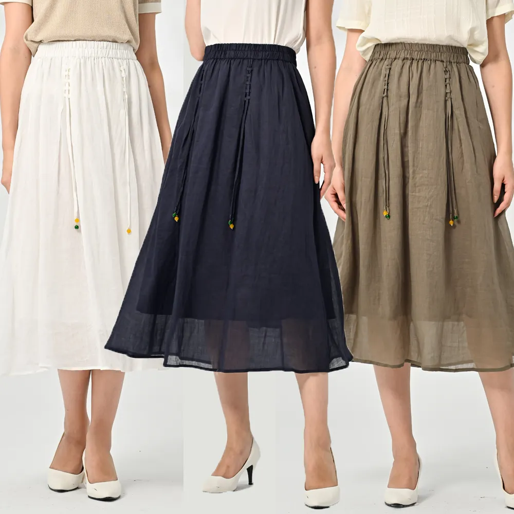 【御絹坊】日系飄逸串珠天然麻鬆緊中長裙