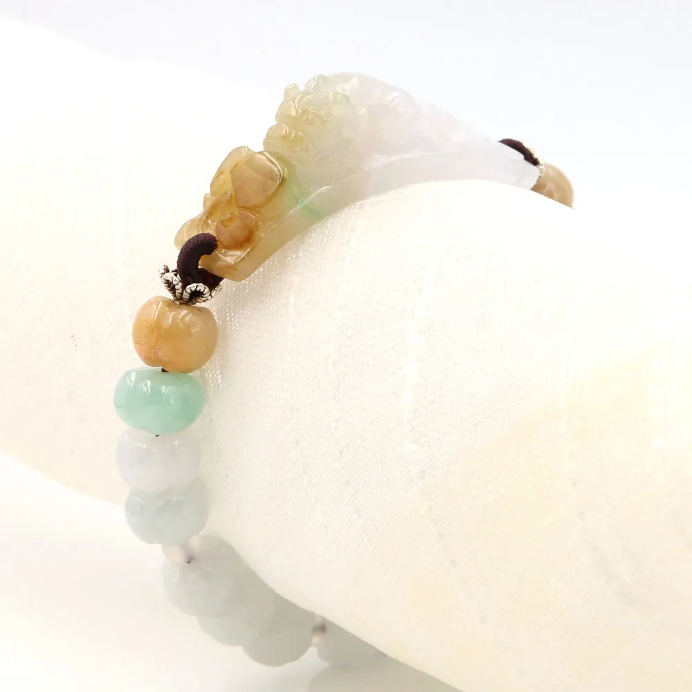 【JA-ME】天然A貨翡翠 冰種白翡伴黃翡貔貅南瓜珠手珠