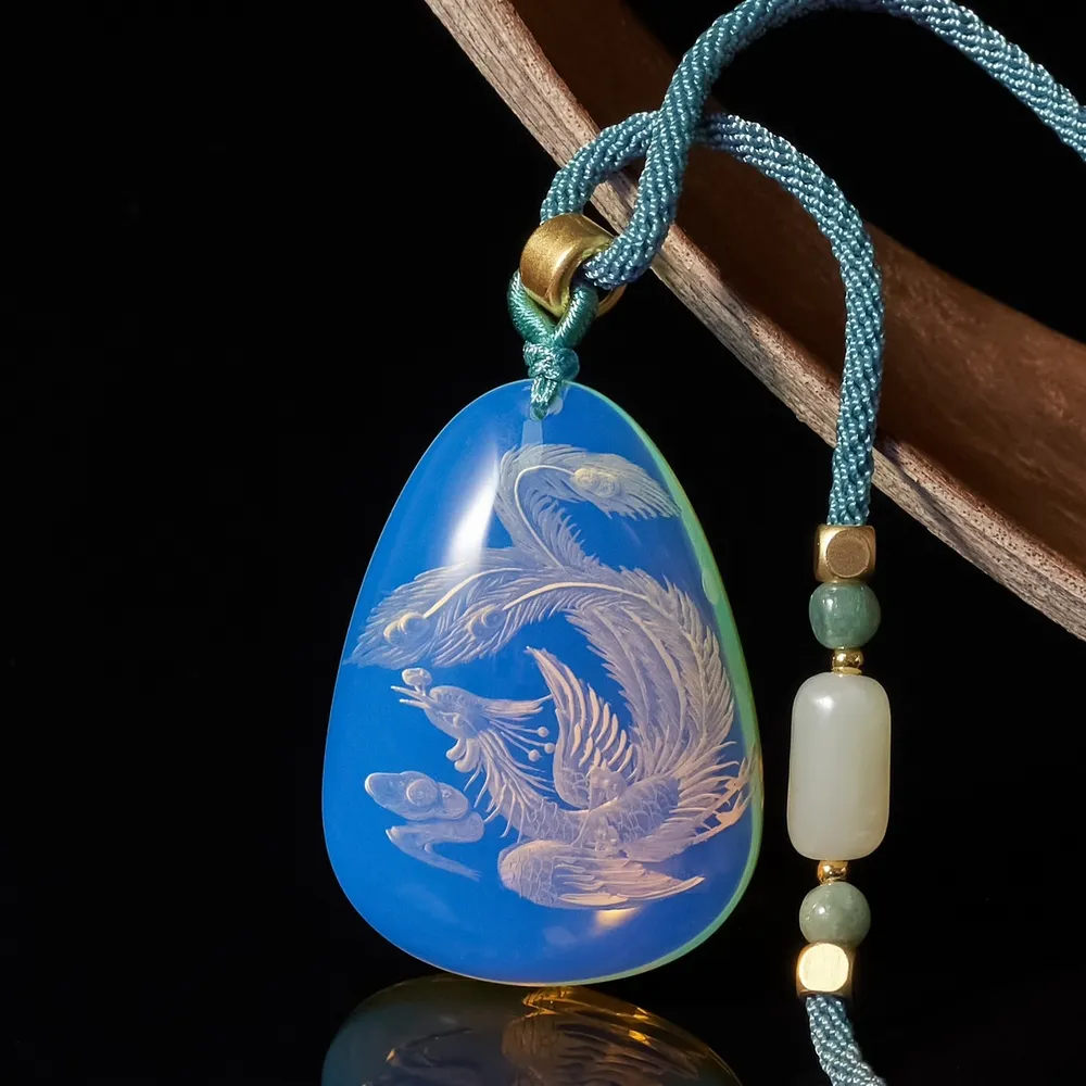 【勝弘珠寶】多明尼加淨水藍珀鳳凰展翅高飛雕件
