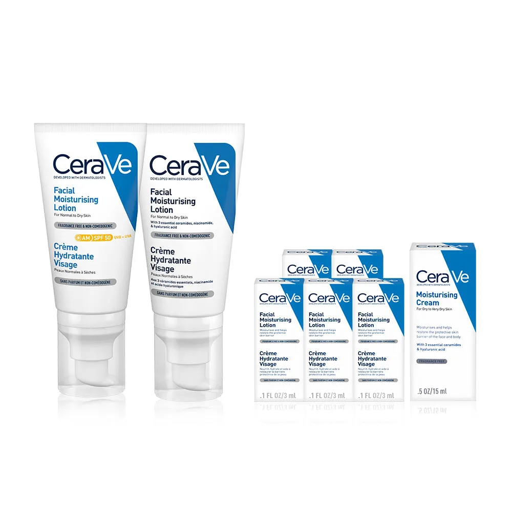 【CeraVe 適樂膚】日夜養膚入門組★全效清爽修護防曬乳 SPF50 52ml+全效超級修護乳 52ml