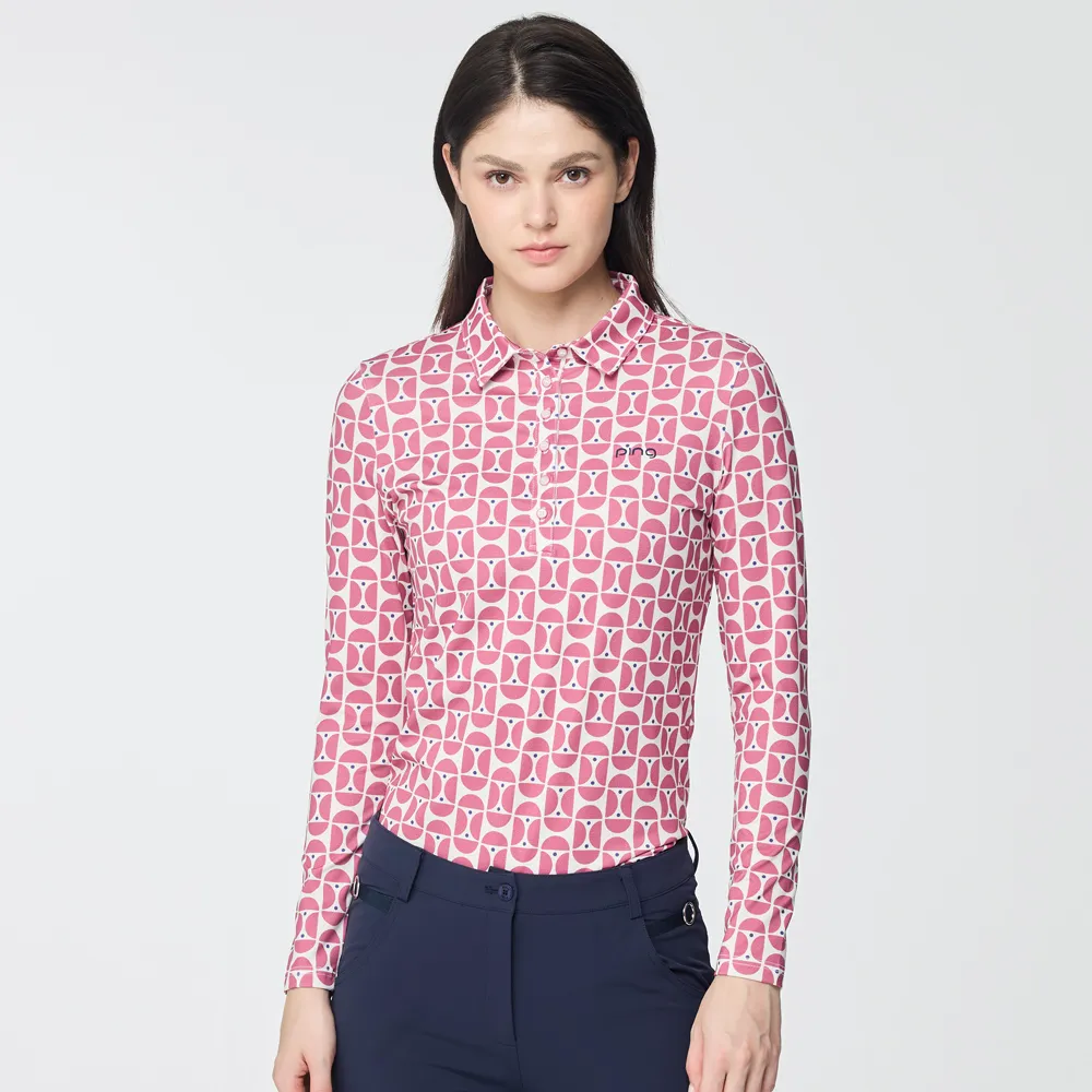 【PING】女款普普風銀離子薄長袖POLO衫-玫瑰紅(吸濕排汗/抗菌防臭/GOLF/高爾夫球衫/RA25202-17)