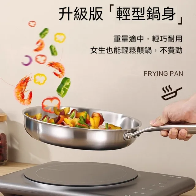 【TAMZU 潭祖】22/26/30cm加厚煎鍋 304不鏽鋼平底鍋 家用無塗層不粘鍋 不粘平底炒鍋 附鍋蓋煎鍋 爐灶通用
