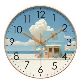 【諾必行】北歐簡約電波掛鐘 壁掛式靜音石英鐘表 藍色裝飾海灘風景時鐘8英寸（直徑20釐米）