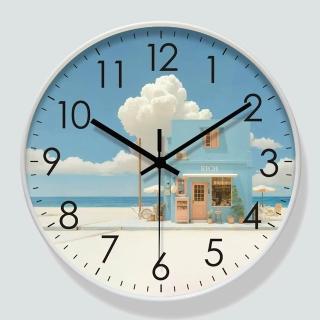 【諾必行】北歐簡約電波掛鐘 壁掛式靜音石英鐘表 藍色裝飾海灘風景時鐘12英寸 直徑30.5釐米