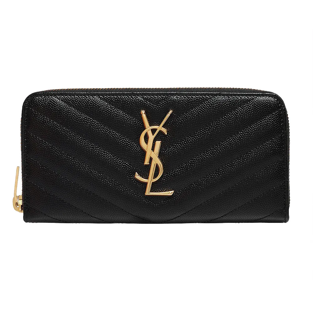 【YSL】MONOGRAM系列V字縫線魚子醬牛皮金屬LOGO拉鍊手拿長夾(黑358094-BOW01-1000)