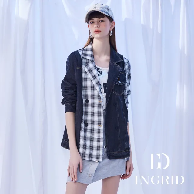 【IGD 英格麗】實體同步款-牛仔格紋拼接雙排扣西裝外套-灰色