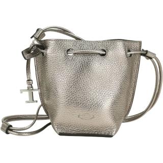 【TOD’S】TODS Micro T字吊飾荔紋牛皮金屬感斜背抽繩迷你水桶包-銀灰色(義大利手工皮革)