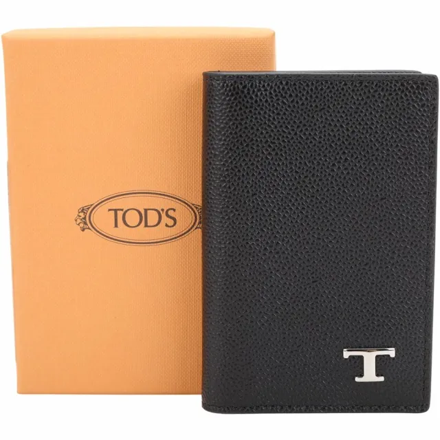 【TOD’S】TODS Timeless T字金屬荔紋牛皮直式卡片套-黑色(義大利手工皮革)