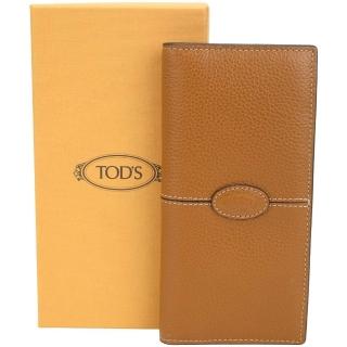 【TOD’S】TODS Di 經典橢圓飾牌 荔紋牛皮翻蓋直立萬用卡夾 長夾-棕色(義大利手工皮革)