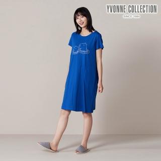 【YVONNE 以旺傢飾】薄荷紗 水豚網印短袖洋裝-深藍