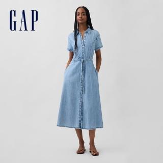 【GAP】牛仔綁帶腰中長版襯衫洋裝-淺色水洗(877705)