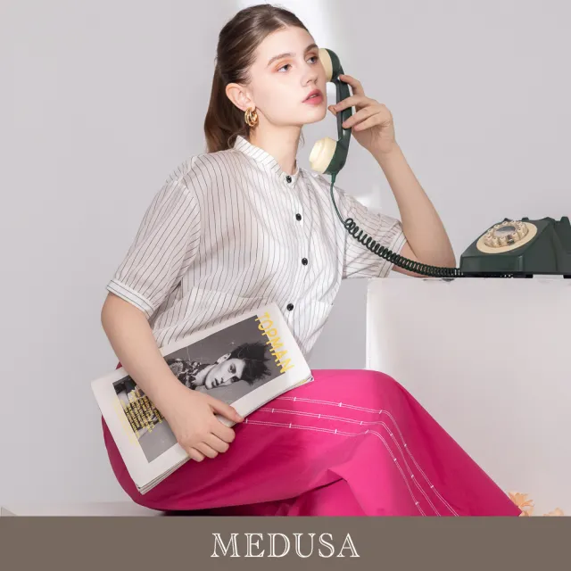 【MEDUSA 曼度莎】現貨-細條紋排釦大口袋寬版短袖襯衫（M-XL）｜條紋襯衫 寬版上衣 休閒穿搭