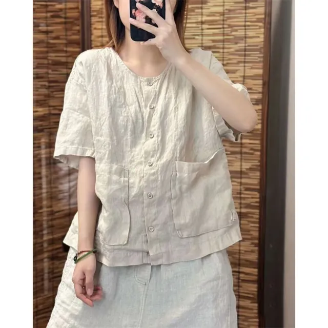 【AKARA】大口袋涼感散熱棉麻圓領短袖襯衫上衣 5色 中大尺碼 M-3XL