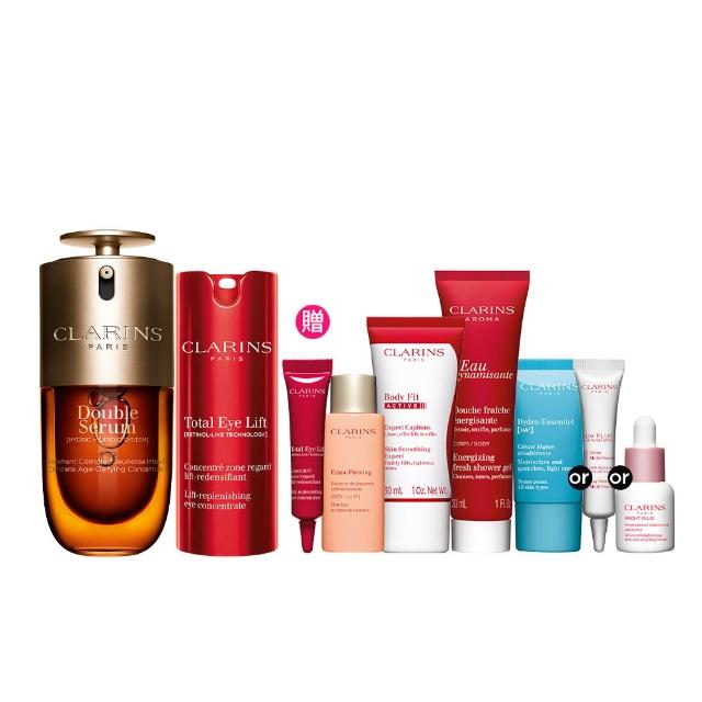 【CLARINS 克蘭詩】疾速撫紋發光組(黃金雙萃精華30ml+NEW賽車眼霜15ml)