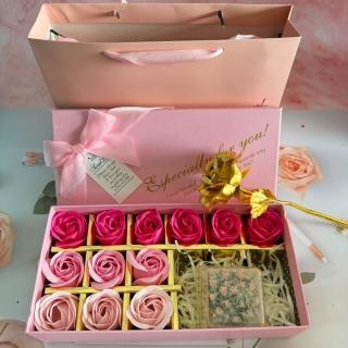 【A-ONE 匯旺】台製 花盆立體精油皂1入禮盒(附手提袋+粉香皂花12朵+金箔玫瑰花) 桌上禮 生日禮 手工皂禮物