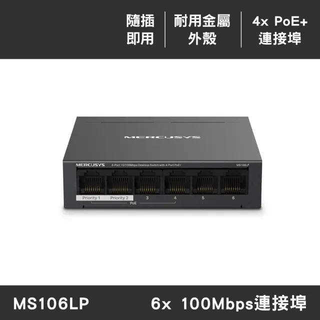 【Mercusys 水星】6埠 port10/100Mbps 桌上型4埠PoE+ 乙太網路交換器 金屬殼 隨插即用 switch hub(MS106LP)