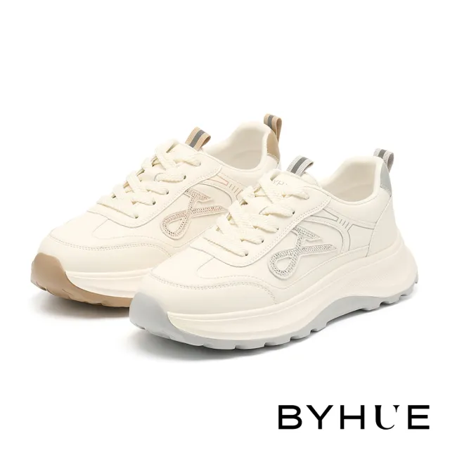 【BYHUE】精緻率性線條燙鑽牛皮綁帶軟芯微Q底厚底休閒鞋(米)