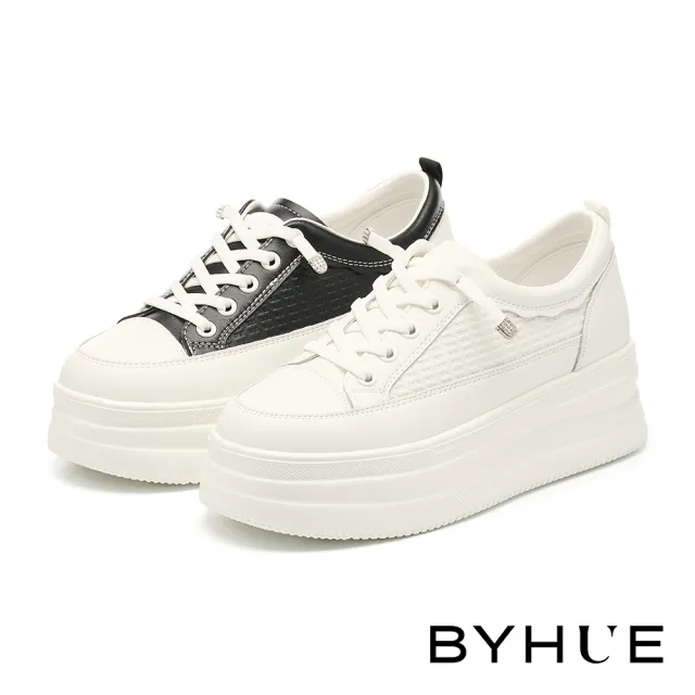【BYHUE】日常舒適彈力鞋帶壓紋牛皮厚底休閒鞋(白)