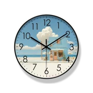【諾必行】北歐簡約電波掛鐘 壁掛靜音石英鐘表 藍色裝飾海灘風景時鐘14英寸