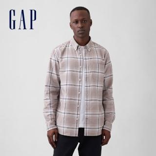 【GAP】男裝 純棉翻領長袖襯衫-卡其格紋(488512)