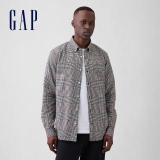 【GAP】男裝 純棉翻領長袖襯衫-灰藍格紋(488512)