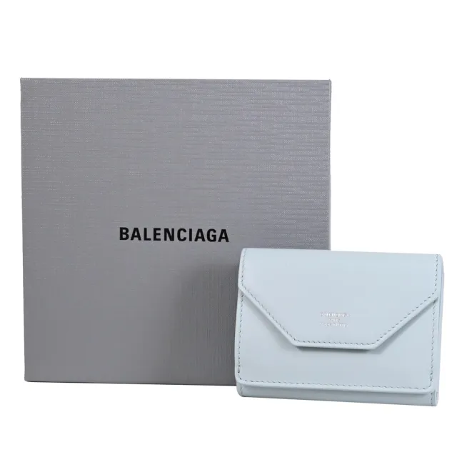 【Balenciaga 巴黎世家】簡約燙銀LOGO牛皮三折雙面零錢短夾(淡藍)