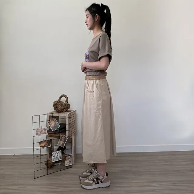 【Hana Mokuba】花木馬日系女裝皮標點綴・鬆緊口袋長裙