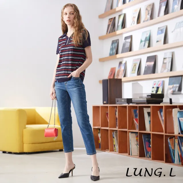 【LUNG.L 林佳樺】LQ03E 藍色二側燙鑽棉質九分牛仔褲