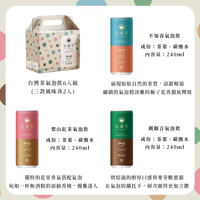 【京盛宇】台灣茶氣泡飲｜240mlx6罐(不知春/梨山紅茶/鐵觀音)