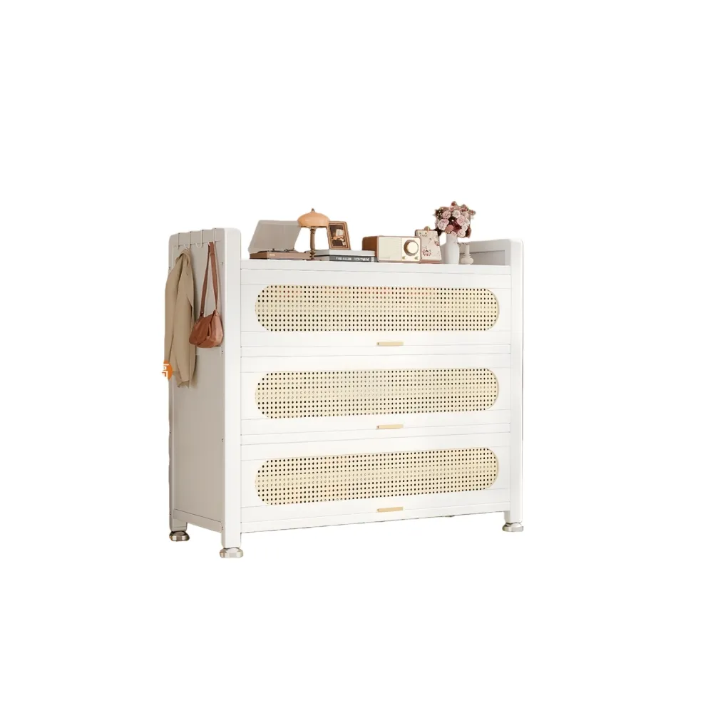 【銘利萊】鋼製鞋櫃 家用落地多層鞋櫃 入戶藤編收納櫃 一體靠牆鞋架子(典雅白 藤編圓弧門三門100*36*112)