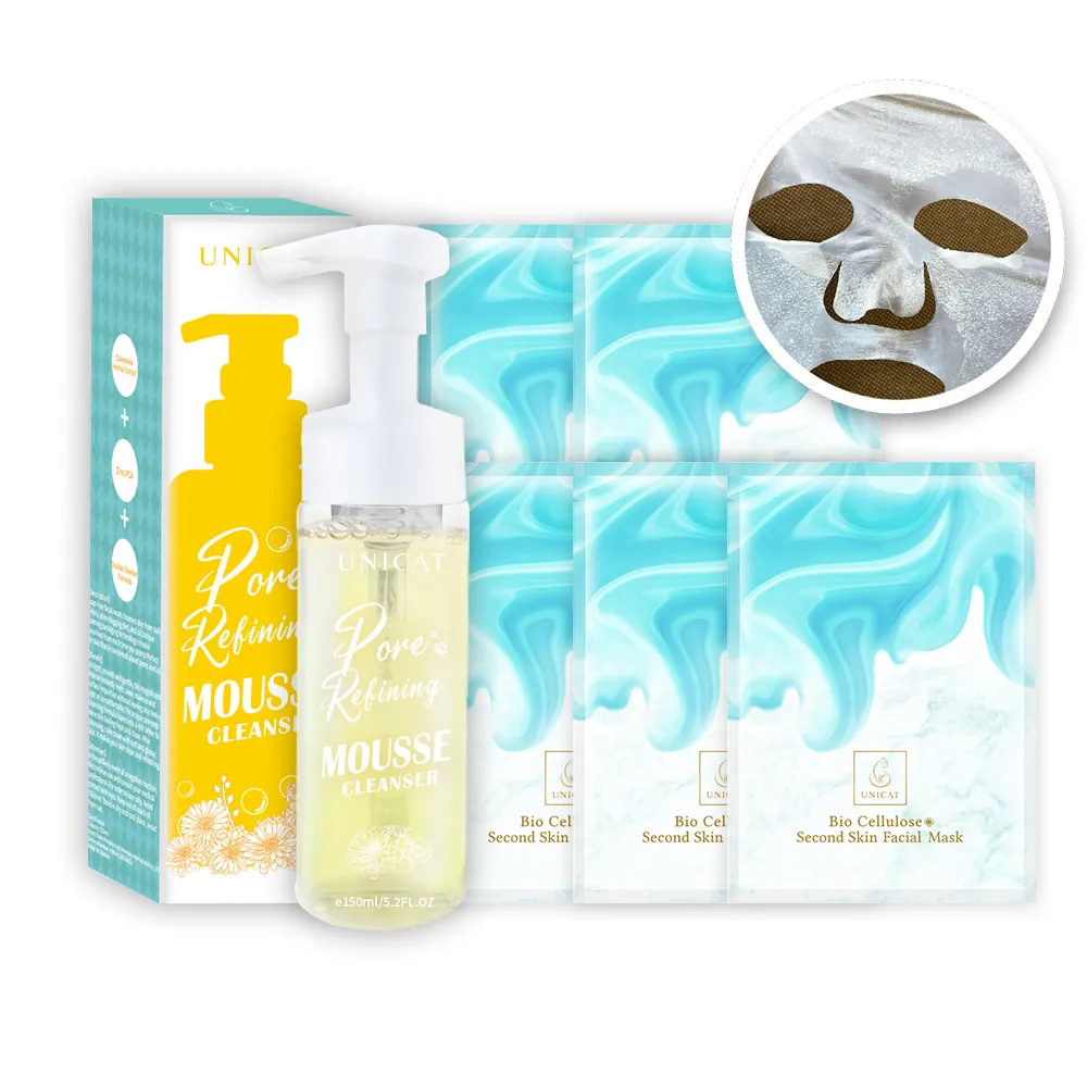 【UNICAT 變臉貓】吸油面膜-水光保濕粉刺面膜30gX5片+金盞花零油光泡泡慕斯150ml(清潔面膜 洗顏慕斯)