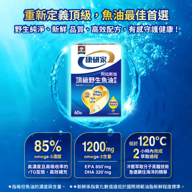 【桂格康研家】頂級野生魚油膠囊60粒×12盒(85% 高濃度/1.2g Omega-3/EPA/DHA/阿拉斯加野生鱈魚)