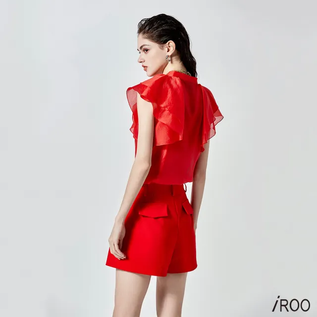 【iROO】鮮辣椒紅荷葉襯衫上衣