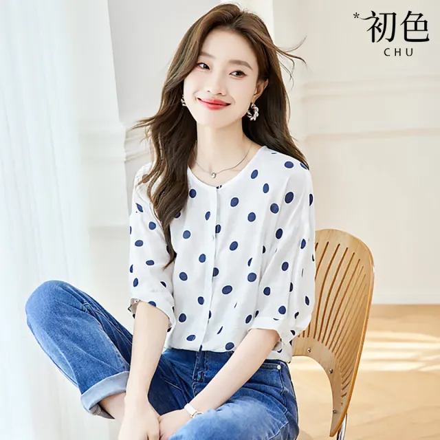 【初色】日系休閒風撞色圓領寬鬆五分袖雪紡襯衫上衣女上衣-波點-50177(M-2XL可選)