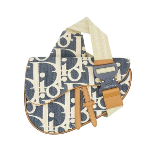 【Dior 迪奧】展示品 緹花布馬鞍斜背腰包 (藍/米)