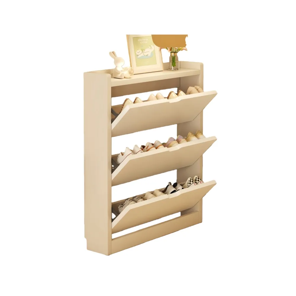 【銘利萊】超薄翻鬥鞋櫃 家用鞋櫃 一體靠牆鞋櫃 儲物櫃鞋架(實木生態板 實木內芯 三門荷花白色80*17*120)