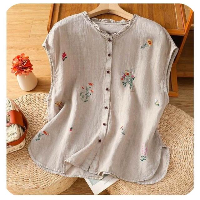 【AKARA】和風花草自然棉麻背心無袖上衣 2色 中大尺碼 M-3XL