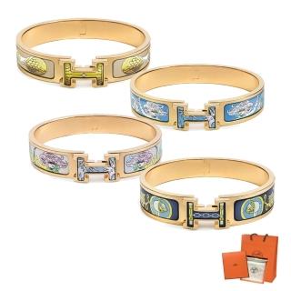 【Hermes 愛馬仕】經典Clic H LOGO琺瑯印花圖騰窄版手環(顏色任選)
