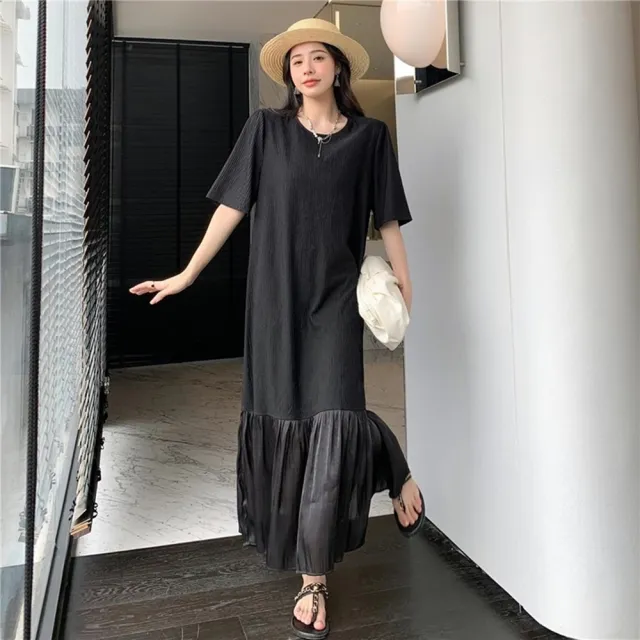 【巴黎精品】雙11現貨限搶 女長洋裝寬鬆連身裙大尺碼長裙連衣裙A字裙大碼女裝(短袖直筒拼接女裙子a1eq41)