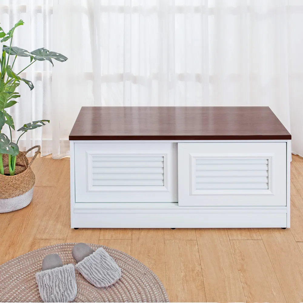 【南亞塑鋼】MIT台灣製 | 3.5尺二推/拉門防水塑鋼坐式百葉鞋櫃/座鞋櫃/收納穿鞋椅(白色+胡桃色)